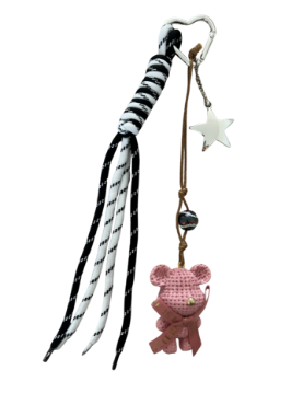 Siyah-Beyaz Örgü Pembe Amigurumi Ayı Anahtarlık